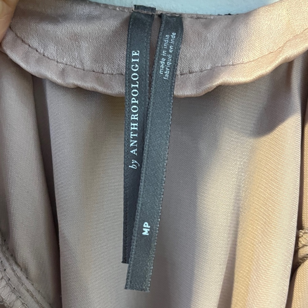 Anthropologie Taupe Satin Slip Dress with Black Lace Overlay - Picture 5 of 8